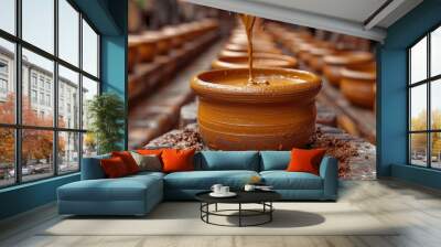  a potter's wheel being filled with a mixture of brown colored clay with lots of other clay pots in the back ground in the background and a row of rows of other clay pots. Wall mural