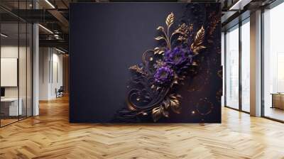  a purple flower with gold leaves on a black background with a gold border around it and a black background with a gold border around it and a purple flower on the side of the edge. Generative AI Wall mural