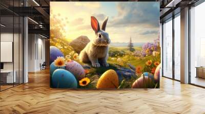  a rabbit sitting on a rock in a field of flowers and eggs with the sun in the sky in the background. Wall mural