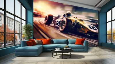  a racing car speeding down a track with a blurry background of the car and the driver in the front. Generative AI Wall mural