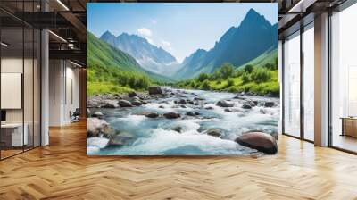  a river flowing through a lush green valley surrounded by mountains.  generative ai Wall mural