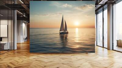  a sailboat is sailing in the ocean at sunset or sunrise or sunset on the water with the sun setting behind it and the horizon.  generative ai Wall mural