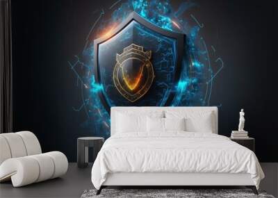  a shield with a glowing blue and yellow design on it's side. Generative AI Wall mural