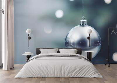  a shiny silver christmas ornament hanging from a string on a blurry background with boke of lights. Wall mural