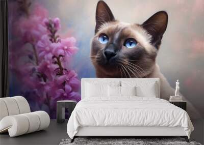  a siamese cat with blue eyes and a pink flower.  generative ai Wall mural