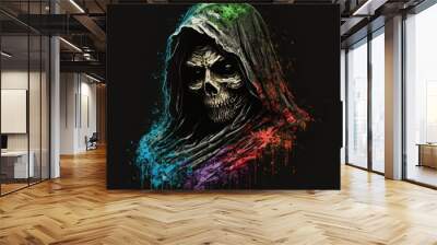  a skull wearing a hooded hoodie with a colorful paint splattered background and a black background with a black background and a white skull with a hood.  generative ai Wall mural