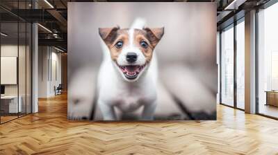  a small brown and white dog standing on top of a wooden floor next to a wooden floor with a blurry back ground behind it.  generative ai Wall mural