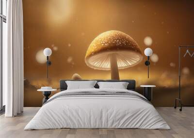  a small mushroom sitting on top of a dirt field next to a light brown background with bubbles of water on it and a small white mushroom standing on the ground.  generative ai Wall mural