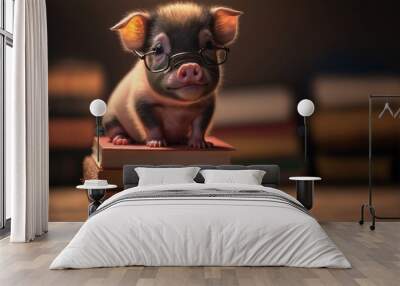  a small pig wearing glasses sitting on top of a stack of books on a table next to a stack of books on a table top of books on a wooden floor with a wooden surface. generative ai Wall mural