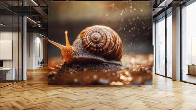  a snail that is sitting on a wet ground in the rain.  generative ai Wall mural