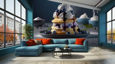  a stack of pancakes with whipped cream and blueberries on top of them on a plate with blueberries and whipped cream on top of them.  generative ai Wall mural