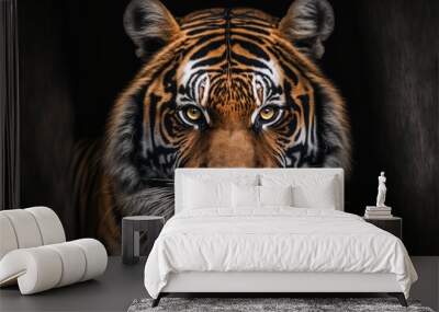  a tiger with a black background and a brown and white tiger's face and chest. Generative AI Wall mural