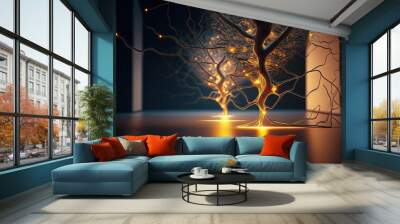  a tree with glowing branches in a dark room with a light shining on it's branches and a pillar in the background with a light shining on the floor and off area with a.  generative ai Wall mural