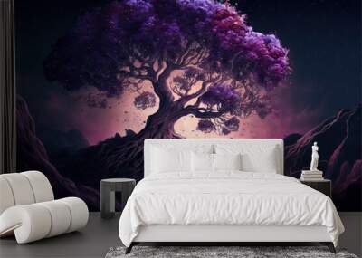  a tree with purple leaves and roots on a hill under a purple sky with a full moon in the background and stars in the sky.  generative ai Wall mural