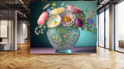  a vase filled with lots of colorful flowers on top of a table next to a blue wall and a green wall behind the vase is a bouquet of flowers.  generative ai Wall mural