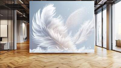  a white feather floating in the air on a blue sky background with a small amount of bubbles coming out of the feathers and the feathers.  generative ai Wall mural