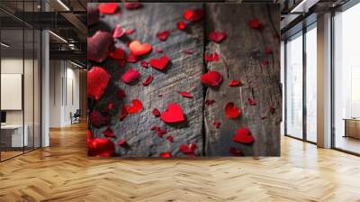  a wooden table topped with lots of red heart shaped confetti next to a bottle of wine on top of a wooden table. Wall mural