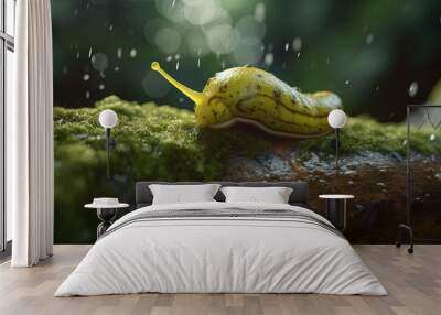  a yellow snail sitting on top of a moss covered tree branch.  generative ai Wall mural