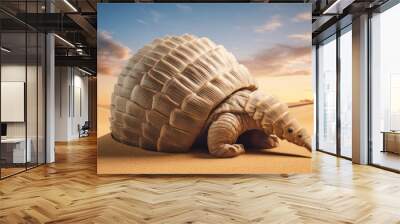  an animal made out of books sitting on top of a sandy ground in the middle of a desert with a cloudy sky in the background. Wall mural