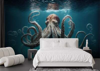  an octopus is swimming in the water with its head above the water's surface. Generative AI Wall mural