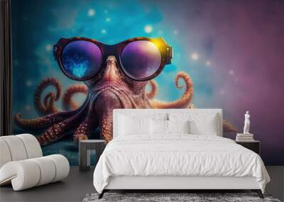  an octopus wearing goggles and a pair of glasses is shown in this artistic photo of an octopus wearing goggles and a pair of glasses.  generative ai Wall mural