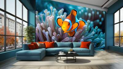  an orange clown fish swimming in a sea anemone.  generative ai Wall mural