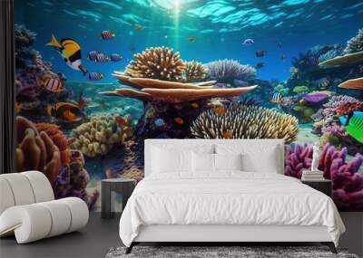  an underwater scene with many different types of corals and fish.  generative ai Wall mural