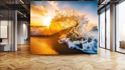  the sun is setting over the ocean with a wave crashing.  generative ai Wall mural