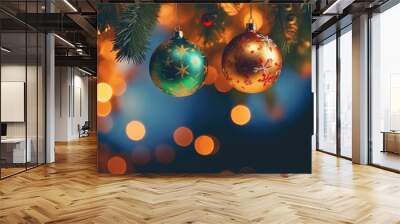  three ornaments hanging from a christmas tree with blurry lights in the backgrounnd of the image in the backgrounnd.  generative ai Wall mural