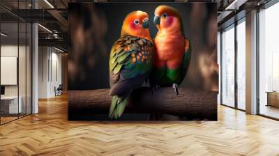  two colorful birds sitting on a branch together in a dark room with a dark background and a black background. Generative AI Wall mural