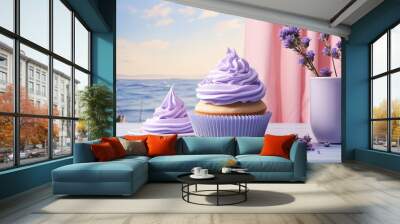  two cupcakes with purple frosting on a table.  generative ai Wall mural