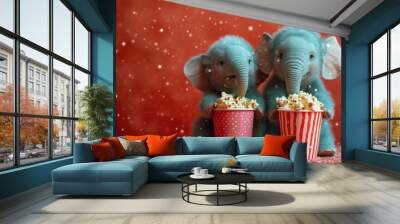  two elephants sitting next to each other in front of a red and white cup with popcorn in it and a red and white polka dot cup with popcorn in front of them. Wall mural