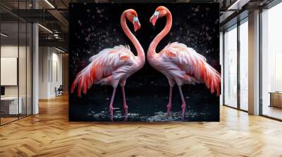  two flamingos standing in the water with their necks touching.  generative ai Wall mural