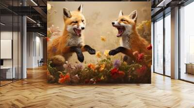  two foxes are standing in a field of flowers and flowers.  generative ai Wall mural