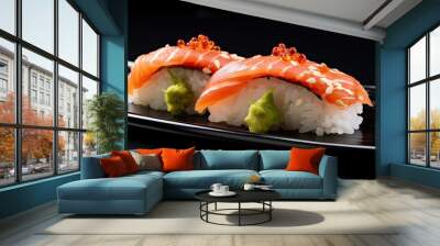  two pieces of sushi with avocado and sesame seeds on a black plate with a silver rim on a black surface with a black background with a black background.  generative ai Wall mural