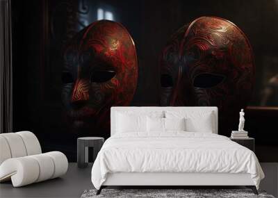  two red masks sitting next to each other on a table.  generative ai Wall mural