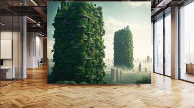  two tall buildings with plants growing on them in the middle of a city with tall buildings in the background and fog in the air above.  generative ai Wall mural