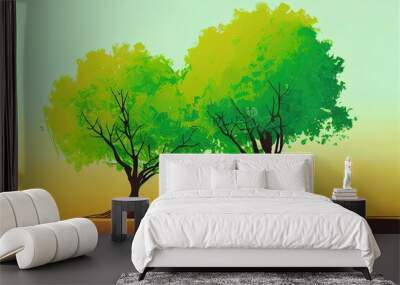  two trees with green leaves and brown ground with a sky background and a yellow sky behind them. Generative AI Wall mural