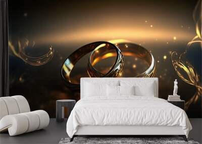  two wedding rings sitting on top of a table next to each other on a table top with a gold background and a gold swirl around it with a light shining on the edge of the. Generative AI Wall mural