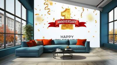 1 year anniversary vector banner template. First jubilee with red ribbon and confetti on white background Wall mural