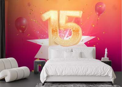 15 years anniversary vector banner template. Fifteen years jubilee with balloons and confetti on a bright background.  Wall mural