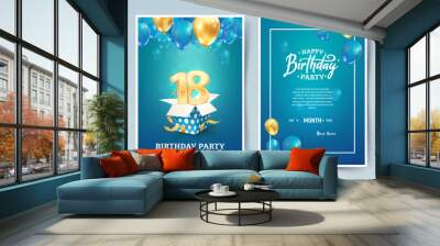 18th years birthday vector invitation double card. Eighteen years anniversary celebration brochure. Template of invitational for print on blue background Wall mural