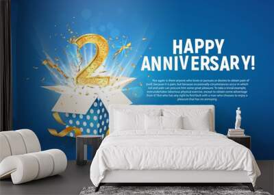 2 nd year anniversary banner with open burst gift box. template second birthday celebration and abst Wall mural