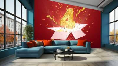 4 th year number anniversary and open gift box with explosions confetti isolated design element. Template four fourth birthday celebration on red background vector Illustration. Wall mural