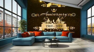 50 Years Anniversary Celebration Logotype. Golden Vector EPS 10 with elegant gold leaves, gold ornament, isolated on Black Background. Can be used for Celebration, Invitation, and Greeting cards. Wall mural