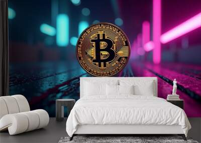 A futuristic Bitcoin placed in the middle, encircled by pink neon lights and digital lines in a modern design Wall mural