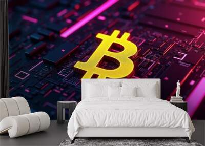 A futuristic Bitcoin placed in the middle, encircled by pink neon lights and digital lines in a modern design Wall mural