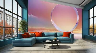 A glass platform with sky and clouds in the background, sun centered in the image, 3D render, holographic design Wall mural