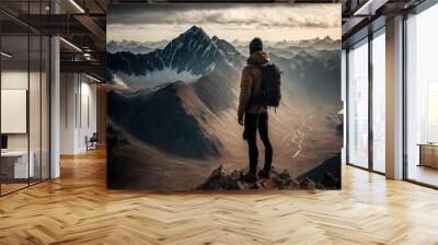 a man standing on top of a mountain looking out over a valley Wall mural