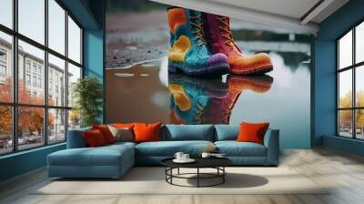 A pair of colorful boots are standing in a puddle Wall mural